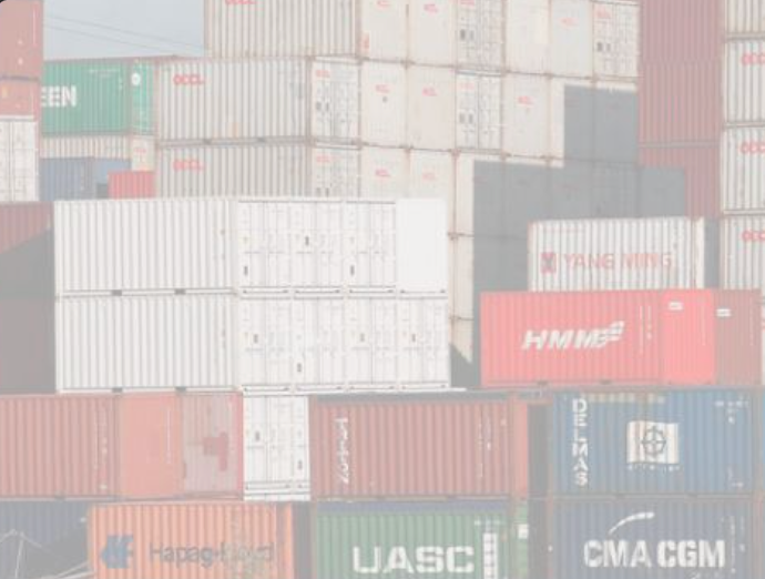 Pattern of shipping containers with various logos and colors on a light gray background